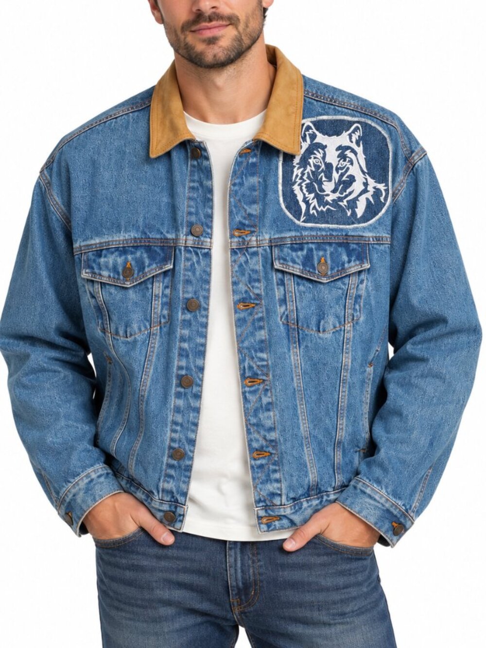 CANADA SPORTSWEAR Vintage Trucker Denim Jacket Blue XL Leather Collar Wolf Patch